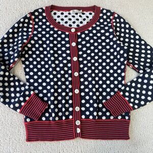 Neve Designs Polka Dot Cardigan Women's M Navy White Red Trim 100% Cotton $159